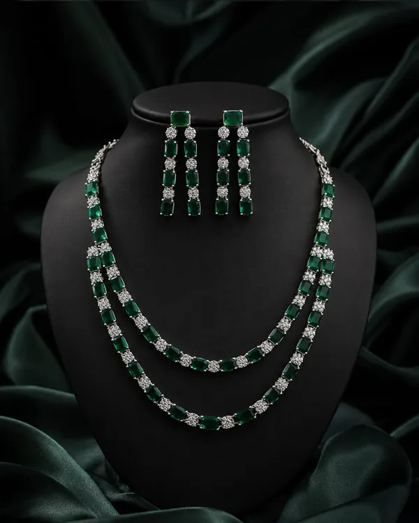 Emerald_Green_American_Diamond_Necklace_Set_with_Earrings_for_Women_|_Silver-Plated_Luxury_Party_&_Wedding_Jewellery