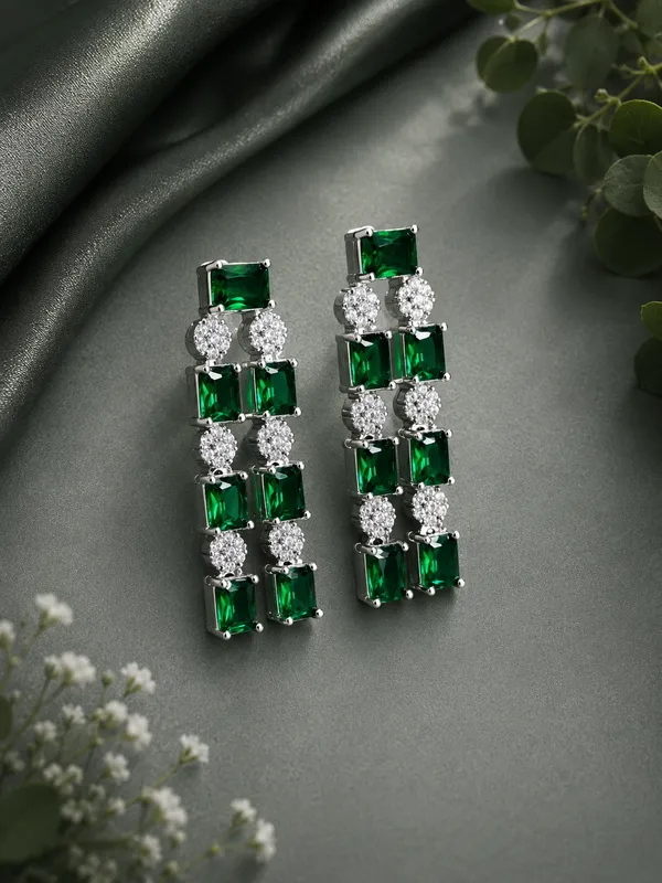 Emerald_Green_American_Diamond_Necklace_Set_with_Earrings_for_Women_|_Silver-Plated_Luxury_Party_&_Wedding_Jewellery