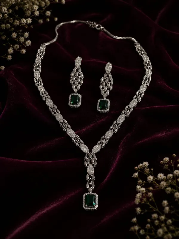 Emerald_Green_American_Diamond_Y_Necklace_Set_with_Earrings_for_Women_|_Silver-Plated_Bridal_&_Party_Wear_Jewellery