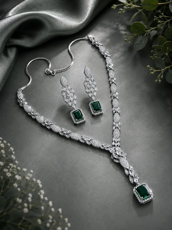Emerald_Green_American_Diamond_Y_Necklace_Set_with_Earrings_for_Women_|_Silver-Plated_Bridal_&_Party_Wear_Jewellery