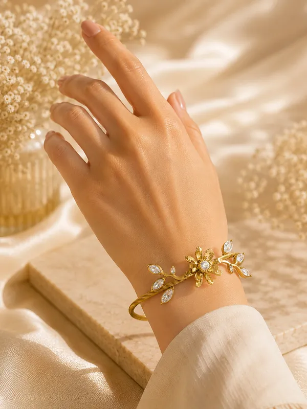 Gold_Plated_Floral_Crystal_Adjustable_Bracelet_For_Women_|_Flower_Leaf_Open_Cuff_Bangle_|_Party_Wear_Jewellery