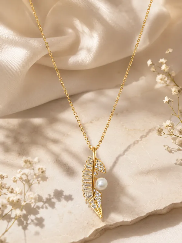 Gold_Plated_Leaf_Pendant_Necklace_For_Women_&_Girls_With_Pearl