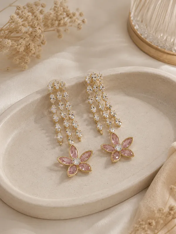 Pink_Crystal_Flower_Drop_Earrings_For_Women_|_Korean_Style_Gold_Plated_Party_Wear_Earrings