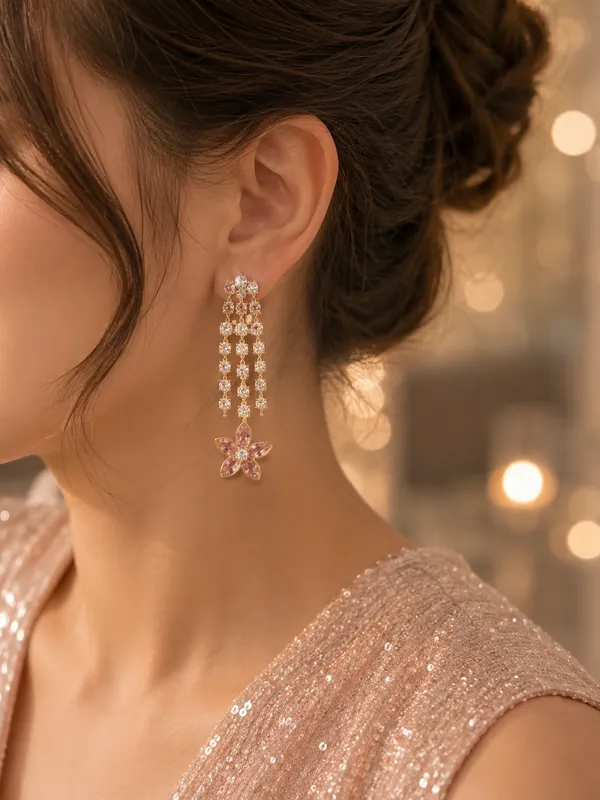 Pink_Crystal_Flower_Drop_Earrings_For_Women_|_Korean_Style_Gold_Plated_Party_Wear_Earrings