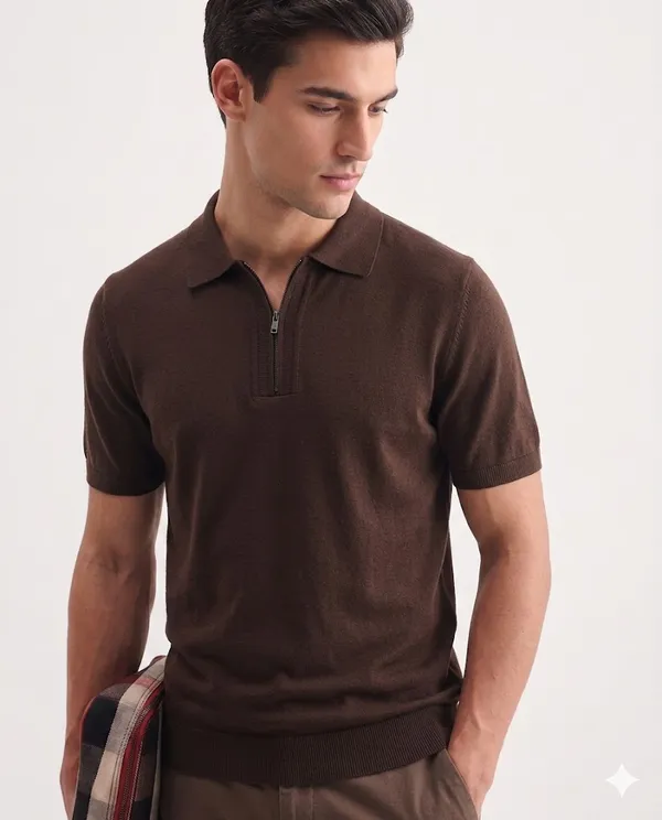 Brown_Cotton_Relaxed_Fit_Zipper_Collar_Polo_Shirt_For_Men