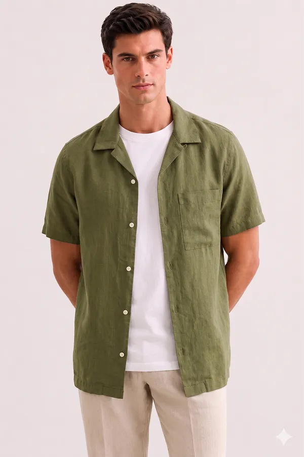 Olive_Green_Linen_Regular_Fit_Half_Sleeve_Striped_Shirt_For_Men