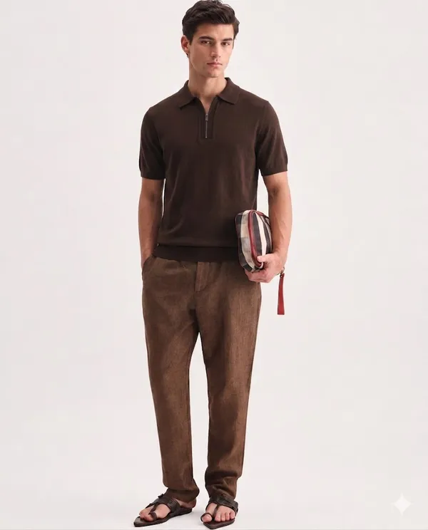 Brown_Cotton_Relaxed_Fit_Zipper_Collar_Polo_Shirt_For_Men