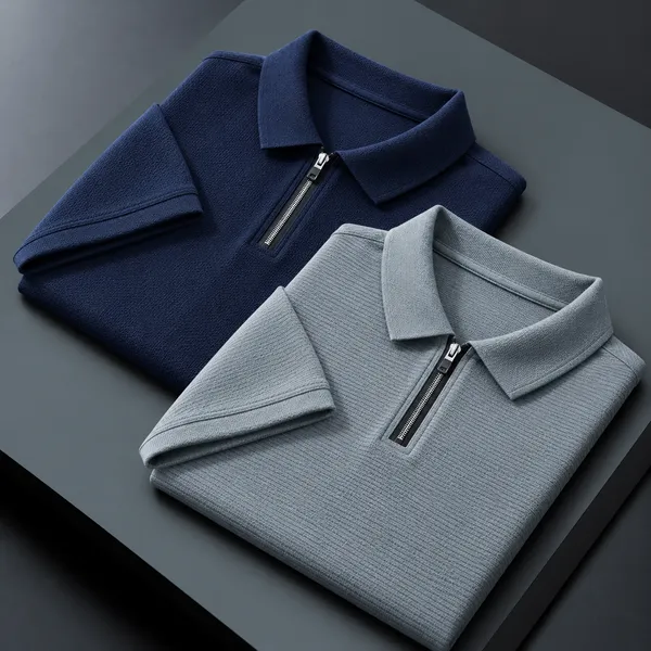 BlackEgal’s_Men’s_Navy_Blue_&_Light_Grey_Textured_Half-Zip_Polo_T-Shirt_Combo