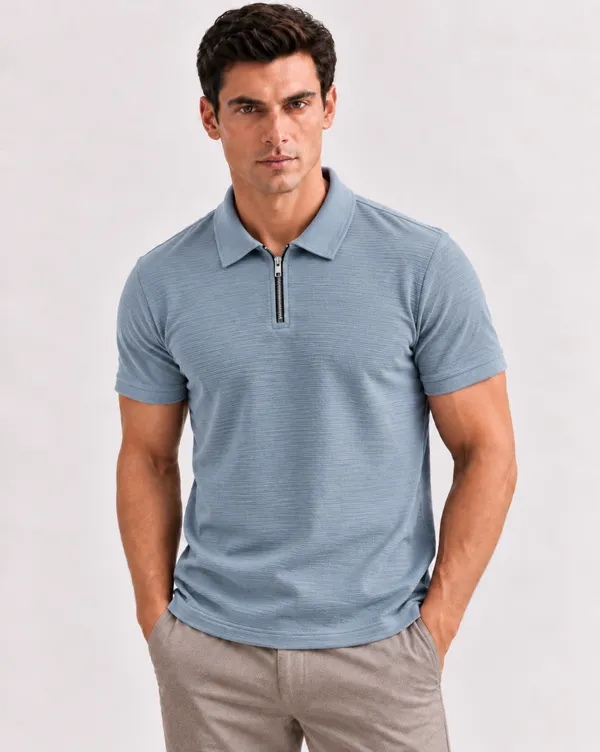 BlackEgal’s_Men’s_Navy_Blue_&_Light_Grey_Textured_Half-Zip_Polo_T-Shirt_Combo