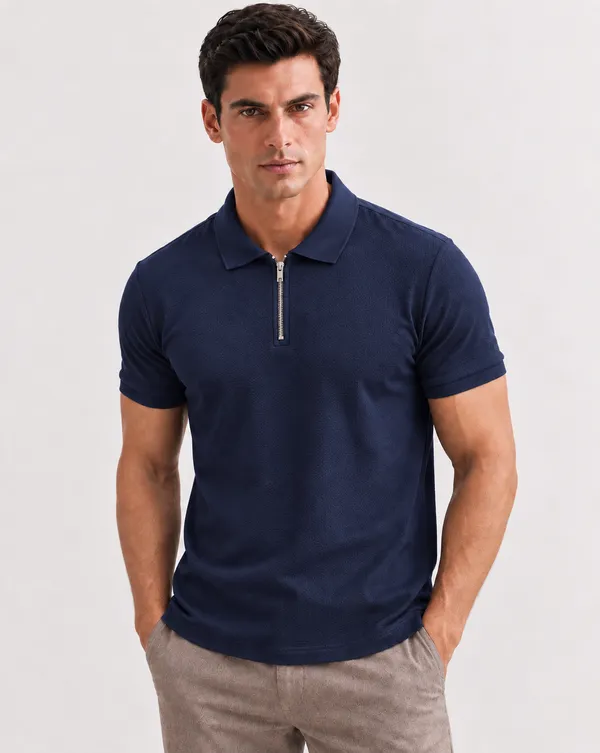 BlackEgal’s_Men’s_Navy_Blue_&_Light_Grey_Textured_Half-Zip_Polo_T-Shirt_Combo