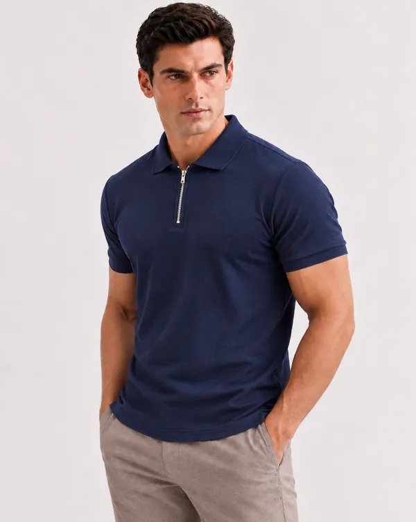 BlackEgal’s_Men’s_Navy_Blue_&_Light_Grey_Textured_Half-Zip_Polo_T-Shirt_Combo