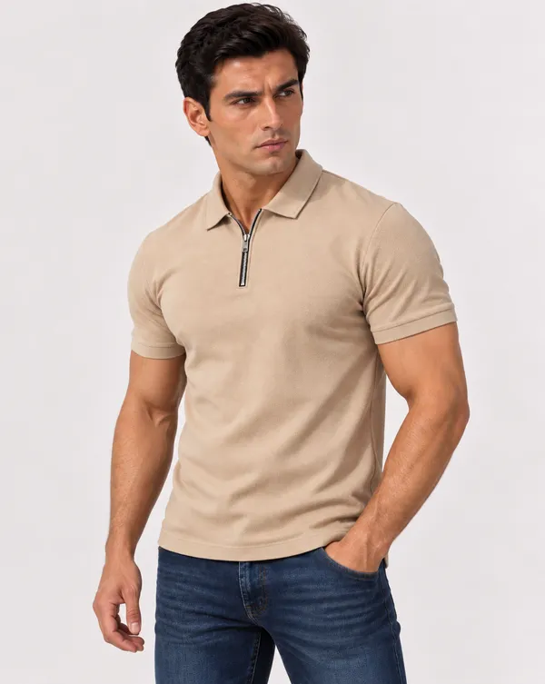 BlackEgals_Men’s_Black_&_Beige_Textured_Half-Zip_Polo_T-Shirt_Combo