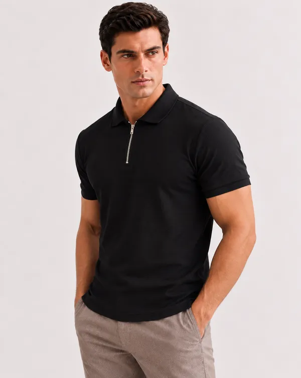 BlackEgals_Men’s_Black_&_Beige_Textured_Half-Zip_Polo_T-Shirt_Combo
