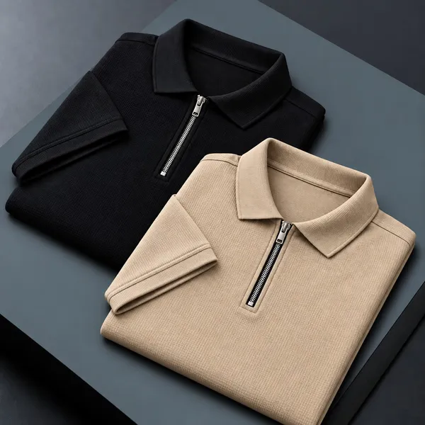 BlackEgals_Men’s_Black_&_Beige_Textured_Half-Zip_Polo_T-Shirt_Combo