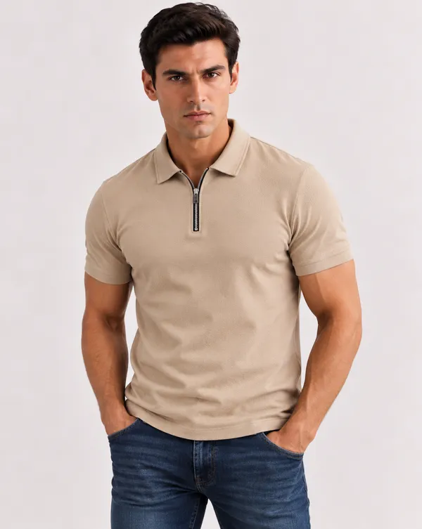 BlackEgals_Mens_Beige_&_Grey_Textured_Half-Zip_Polo_T-Shirt_Combo
