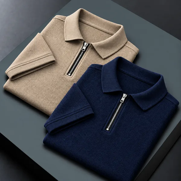 BlackEgals_Mens_Beige_&_Navy_Blue_Textured_Half-Zip_Polo_T-Shirt_Combo