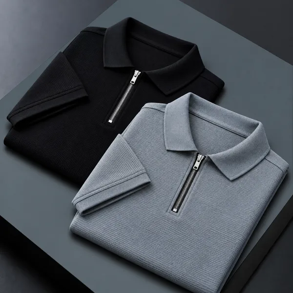 BlackEgals_Mens_Black_&_Grey_Textured_Half-Zip_Polo_T-Shirt_Combo