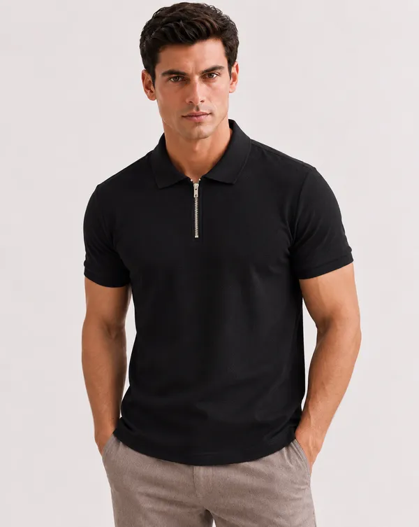 BlackEgals_Mens_Black_&_Grey_Textured_Half-Zip_Polo_T-Shirt_Combo