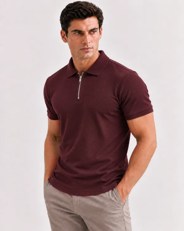 BlackEgals_Mens_Black_&_Maroon_Textured_Half-Zip_Polo_T-Shirt_Combo