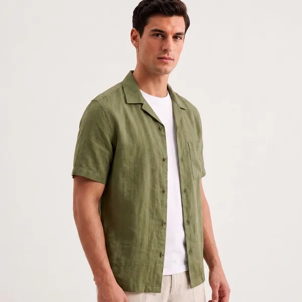 Olive_Green_Linen_Regular_Fit_Half_Sleeve_Striped_Shirt_For_Men