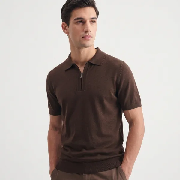 Brown_Cotton_Relaxed_Fit_Zipper_Collar_Polo_Shirt_For_Men