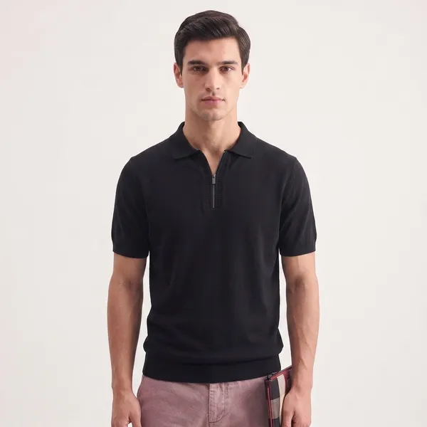 Black_Cotton_Regular_Fit_Half_Zip_Polo_T-Shirt_For_Men