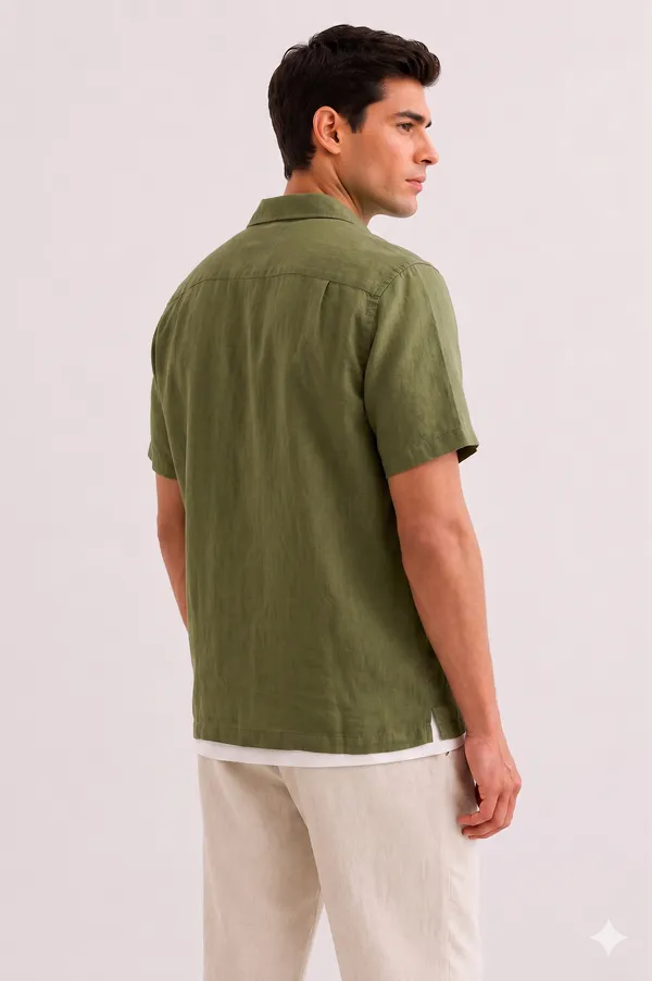 Olive_Green_Linen_Regular_Fit_Half_Sleeve_Striped_Shirt_For_Men