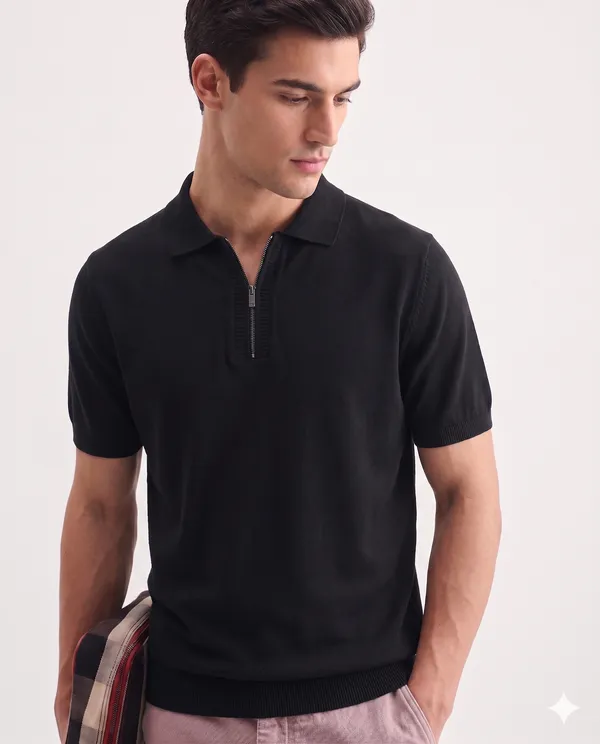 Black_Cotton_Regular_Fit_Half_Zip_Polo_T-Shirt_For_Men