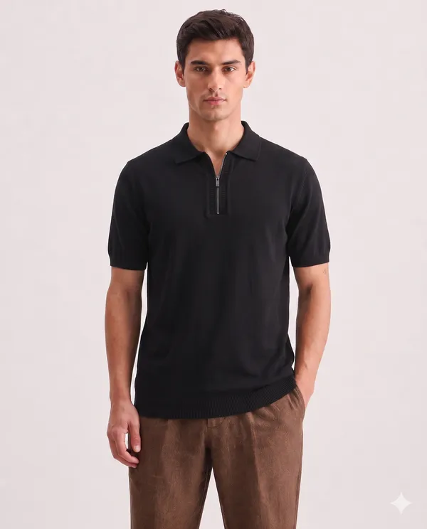 Black_Cotton_Regular_Fit_Half_Zip_Polo_T-Shirt_For_Men