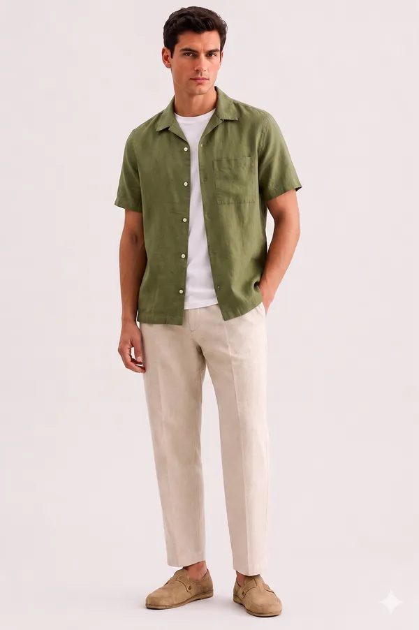 Olive_Green_Linen_Regular_Fit_Half_Sleeve_Striped_Shirt_For_Men