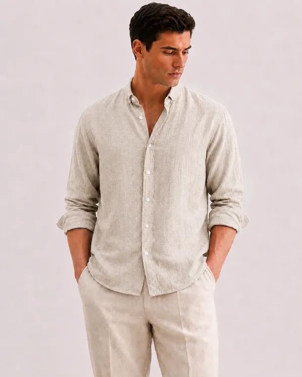 Beige_Linen_Slim_Fit_Striped_Shirt_For_Men