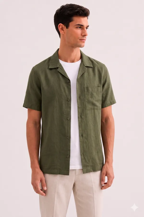 Olive_Green_Linen_Regular_Fit_Half_Sleeve_Striped_Shirt_For_Men