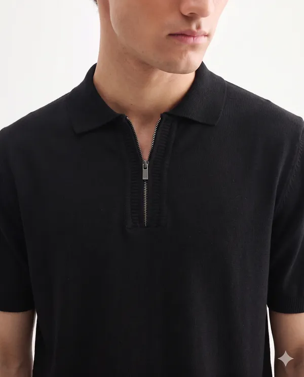Black_Cotton_Regular_Fit_Half_Zip_Polo_T-Shirt_For_Men
