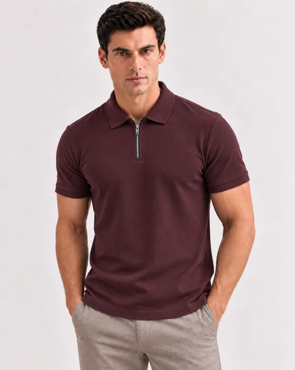 Men’s_Burgundy_Textured_Zip_Polo_T-Shirt_–_Conscious_Everyday_Style