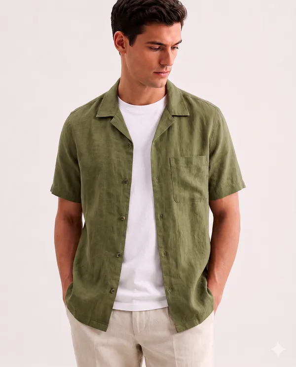 Olive_Green_Linen_Regular_Fit_Half_Sleeve_Striped_Shirt_For_Men