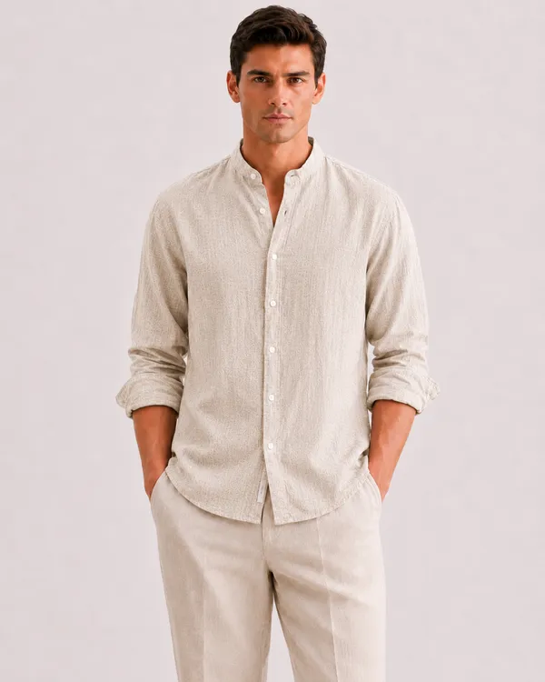 Beige_Linen_Slim_Fit_Striped_Shirt_For_Men