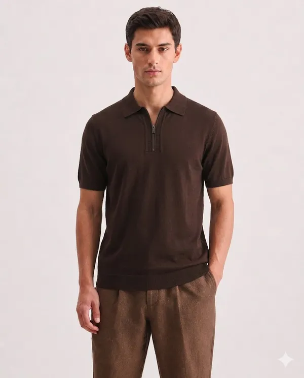 Brown_Cotton_Relaxed_Fit_Zipper_Collar_Polo_Shirt_For_Men