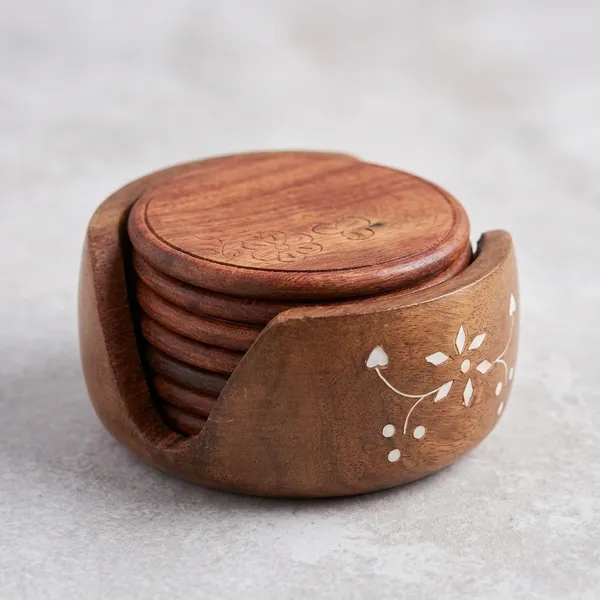 Wood_Handcrafted_Floral_Inlay_Coaster_Set_With_Holder