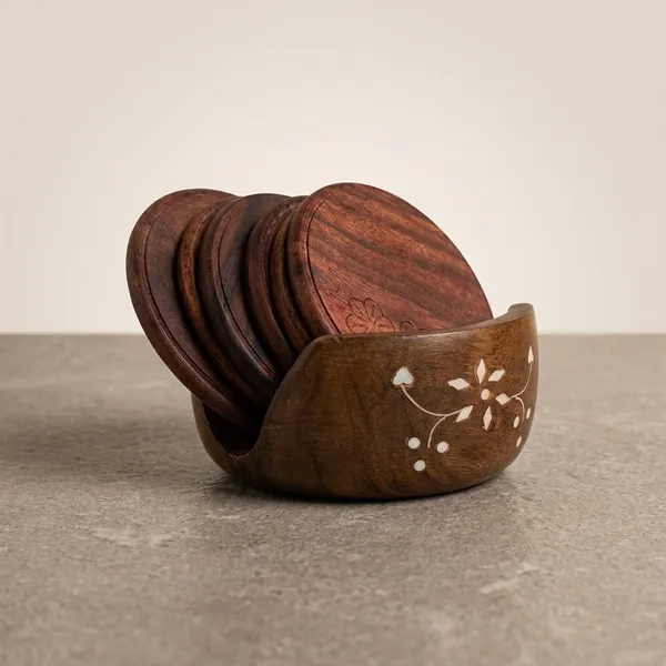 Wood_Handcrafted_Floral_Inlay_Coaster_Set_With_Holder