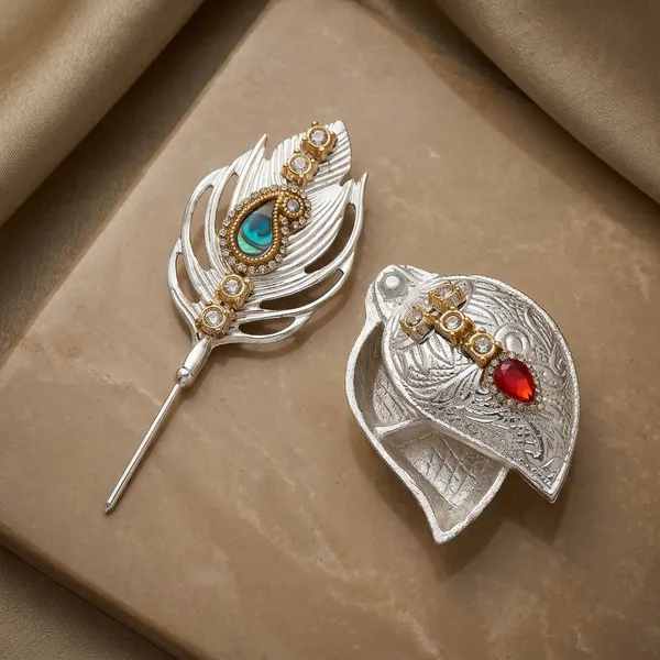 Metal_Silver_Peacock_Feather_Pooja_Set_With_Diya