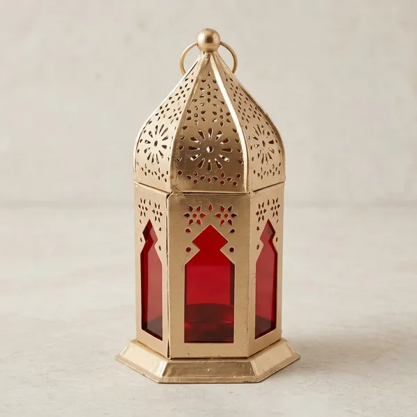 Brass_Moroccan_Hexagonal_Red_Glass_Candle_Lantern