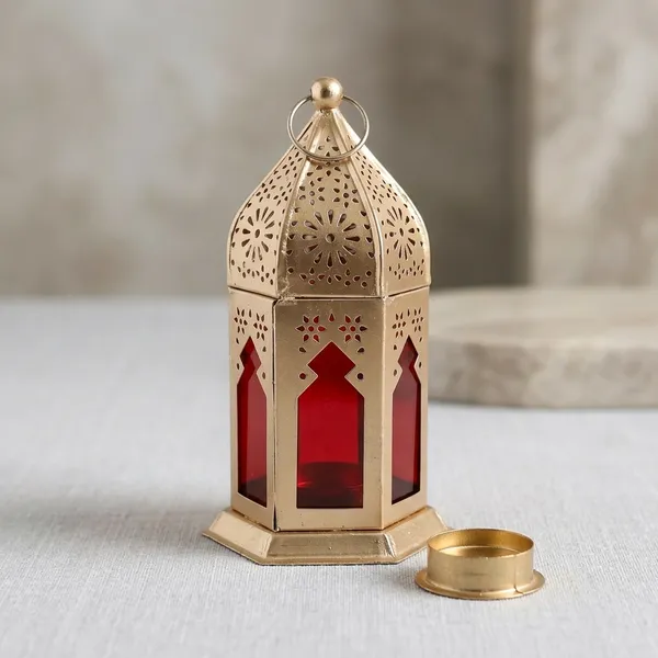 Brass_Moroccan_Hexagonal_Red_Glass_Candle_Lantern