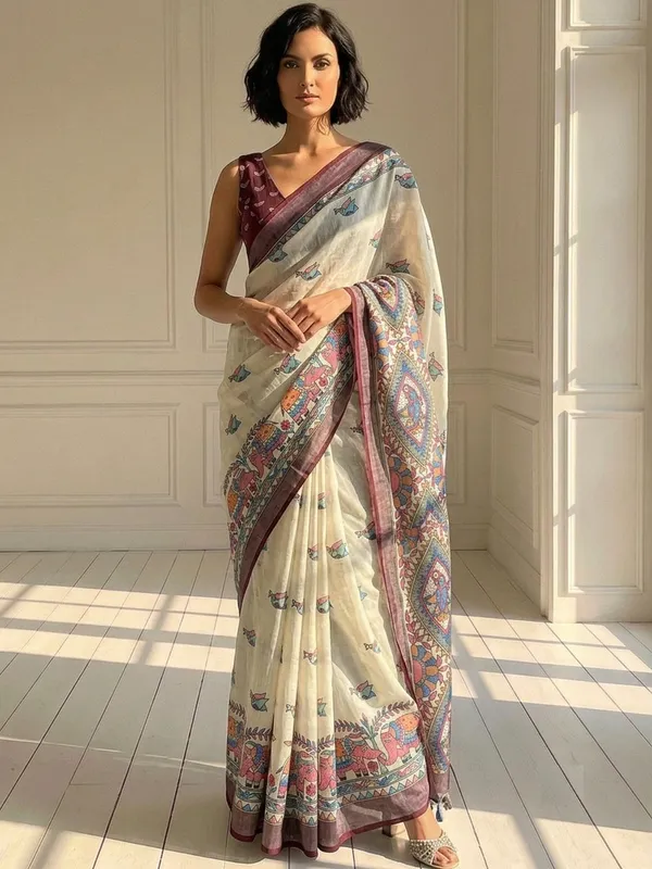 ANIMAL_Print_Daily_Wear_Cotton_Linen_Saree_(Cream)