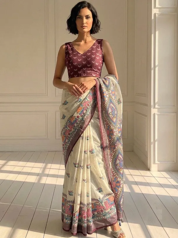 ANIMAL_Print_Daily_Wear_Cotton_Linen_Saree_(Cream)