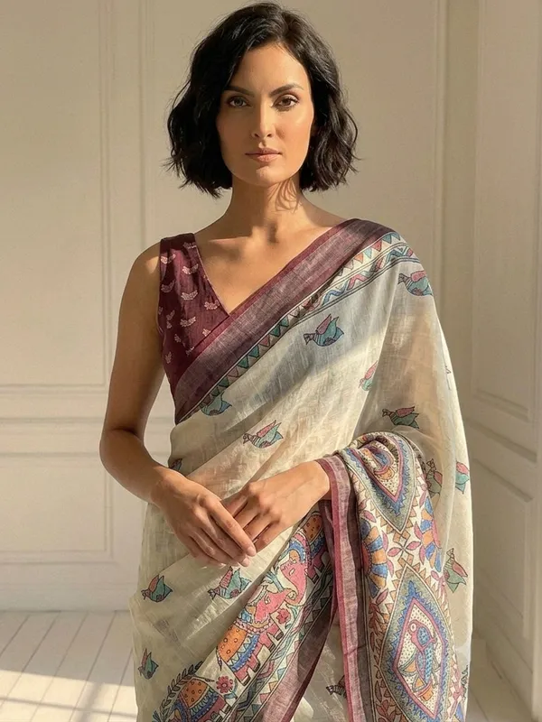 ANIMAL_Print_Daily_Wear_Cotton_Linen_Saree_(Cream)