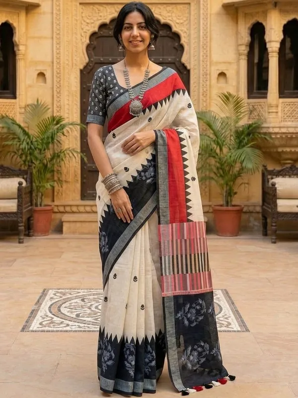 Floral_Print_Daily_Wear_Cotton_Linen_Saree_(Cream/Black)