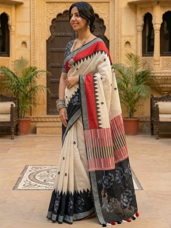 Floral_Print_Daily_Wear_Cotton_Linen_Saree_(Cream/Black)