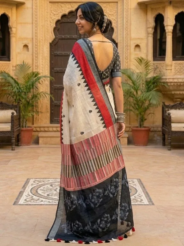 Floral_Print_Daily_Wear_Cotton_Linen_Saree_(Cream/Black)