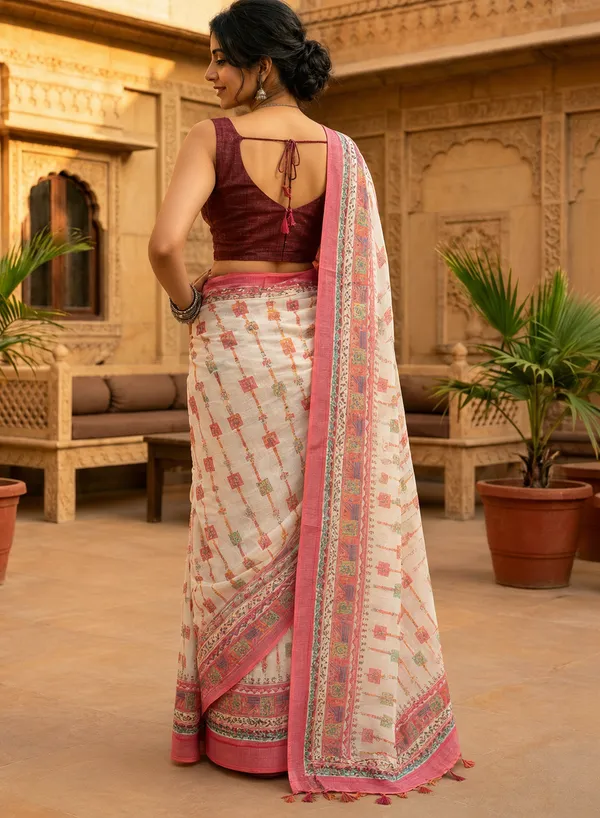 Floral_Print_Daily_Wear_Cotton_Linen_Saree_(Cream/Red)