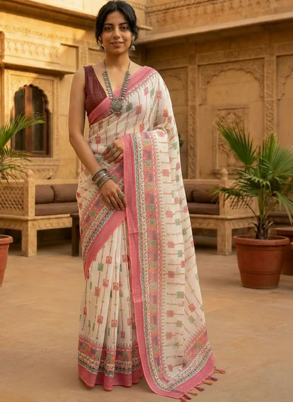 Floral_Print_Daily_Wear_Cotton_Linen_Saree_(Cream/Red)